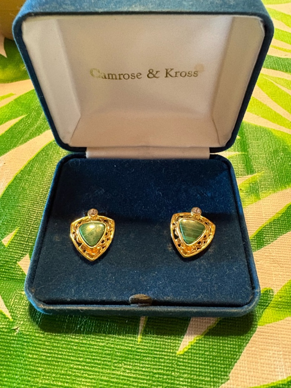 Camrose & Kross Gold-Tone Green Stone Triangle clip on  Earrings